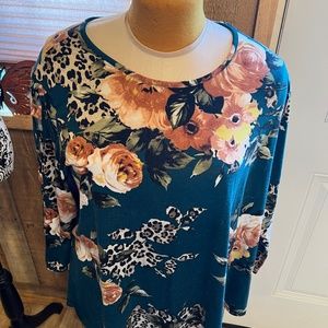 LADIES WOMENS PLUS 18/20W DARK GREEN ORANGE CREAM TUNIC TOP BLOUSE